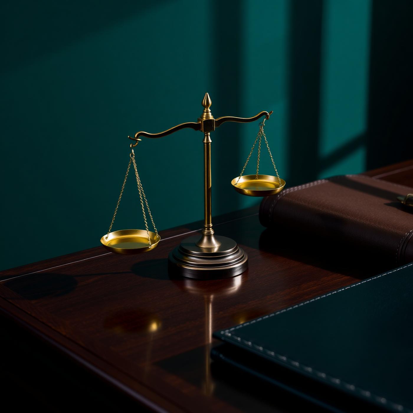 Brass scales of justice on a polished walnut desk